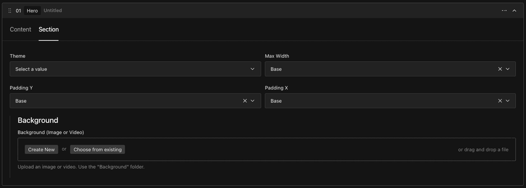 Section settings tab in Payload CMS