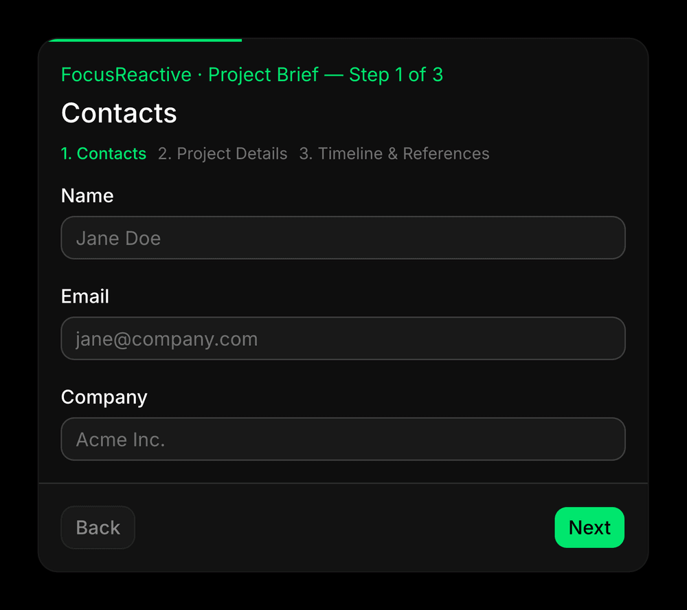 Step one of the brief form. Every section below adds one capability to this same form.