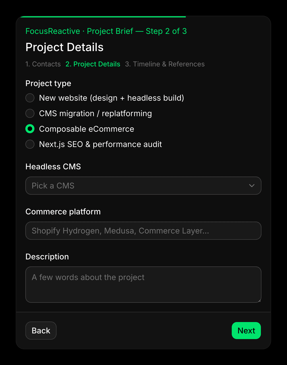 Commerce platform appears only for an eCommerce project. One useWatch subscription decides it.