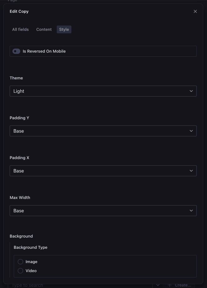 Section settings in the Sanity Style tab