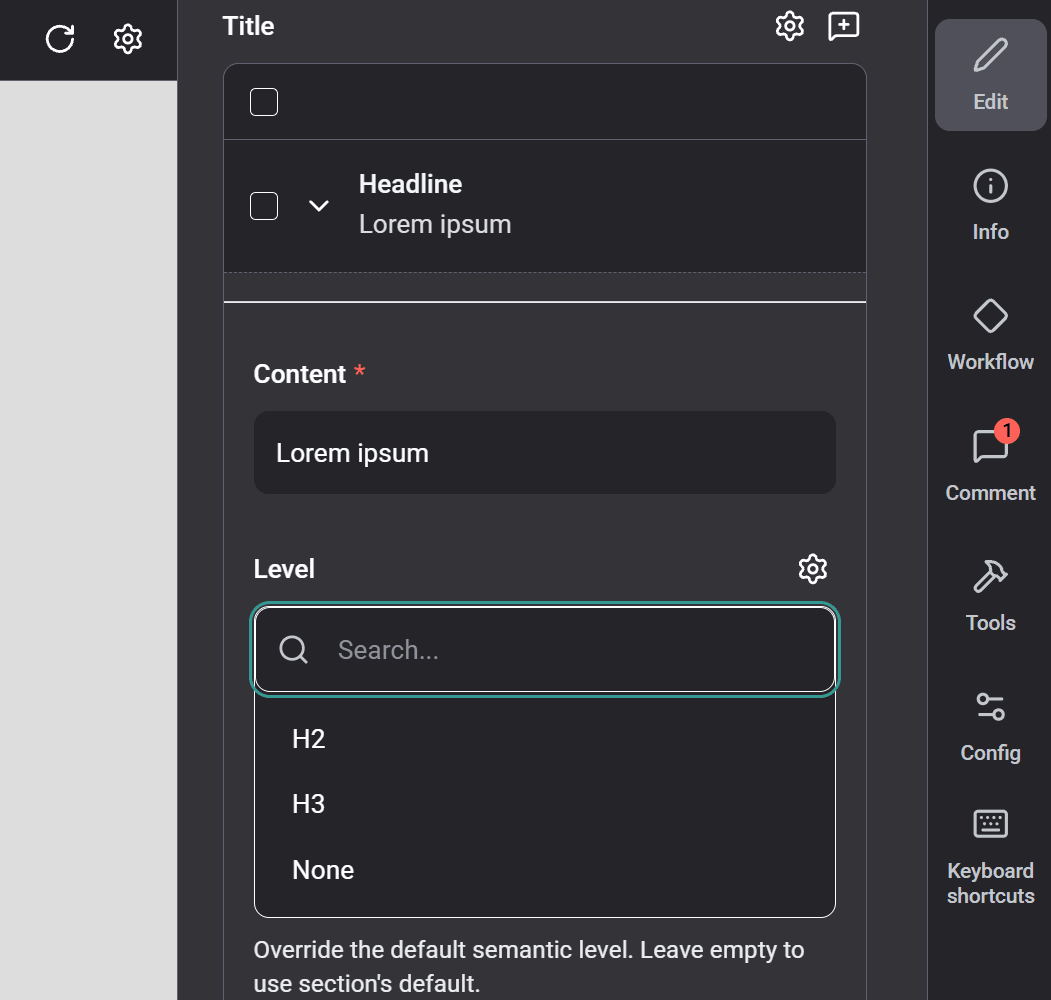 The headline block's Level dropdown (H2 / H3 / None): the per-section override every headline now gets.