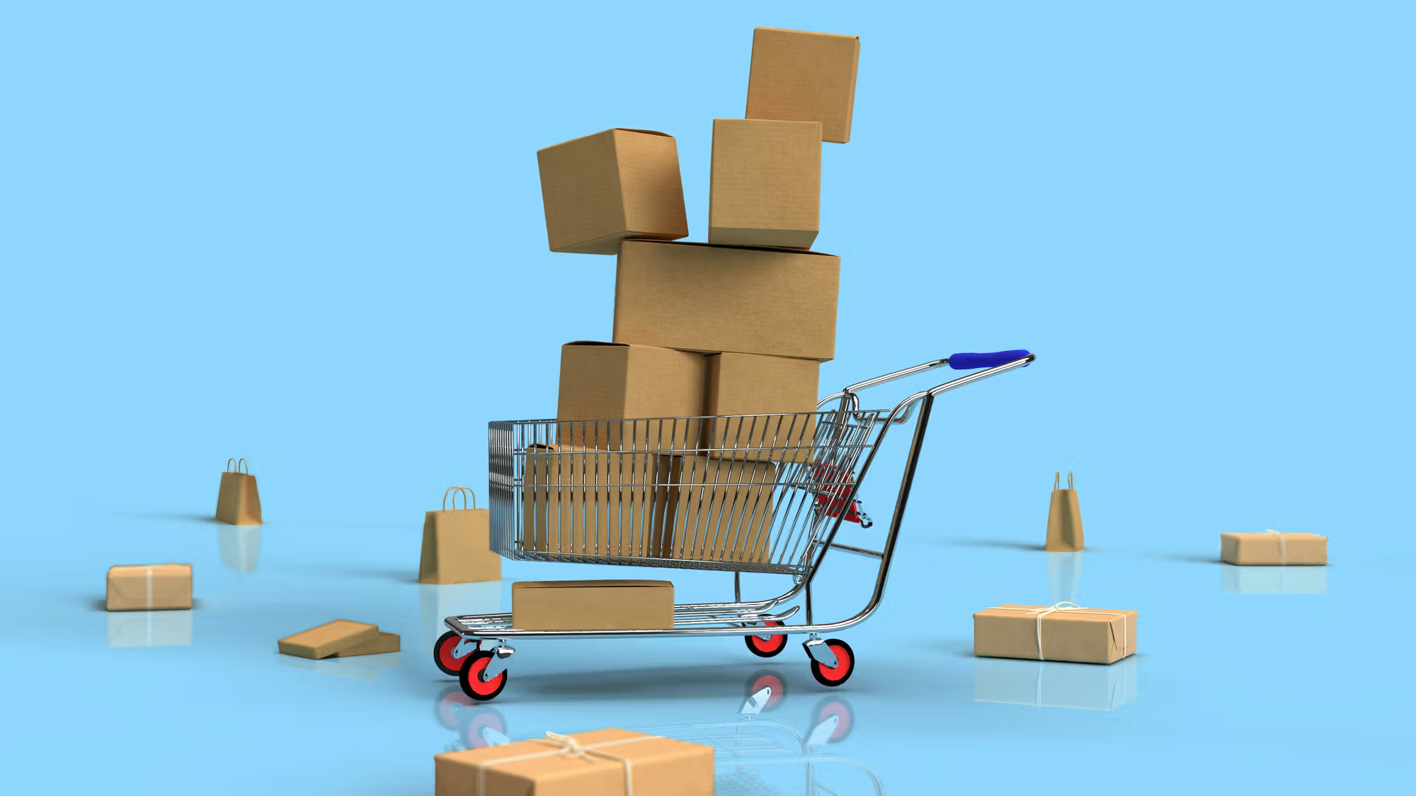 Shopping cart overflowing with cardboard boxes on blue background