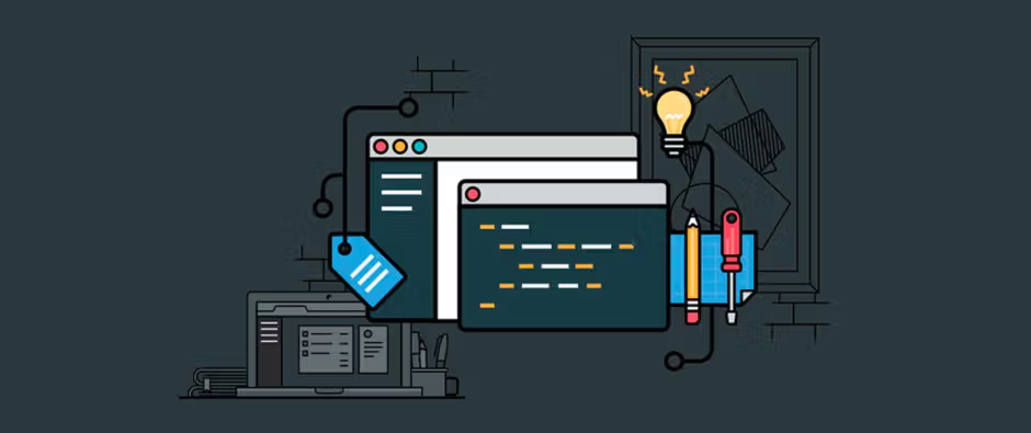 Flat illustration of web development tools with browser windows and code editor