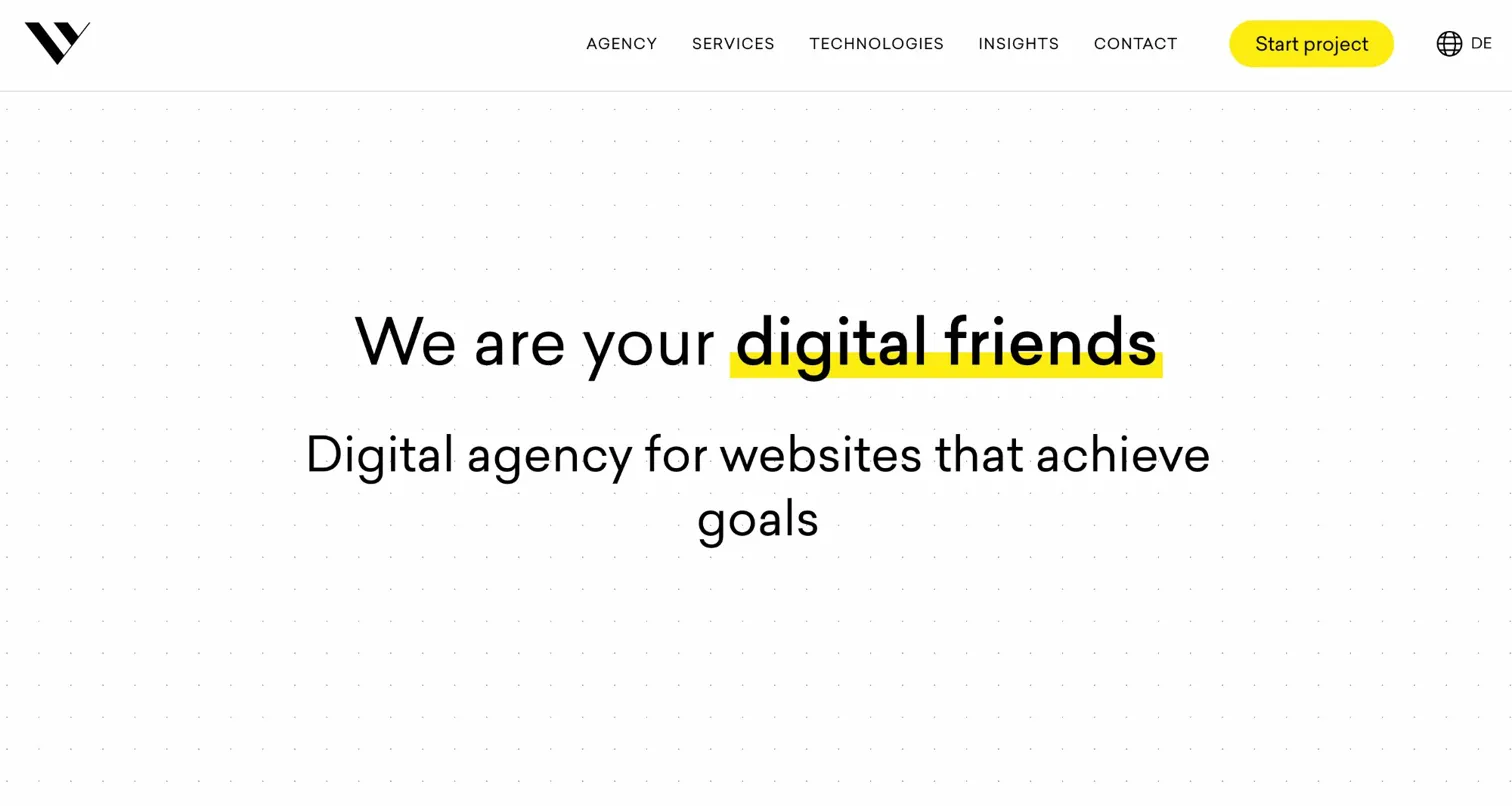 Minimalist agency homepage with headline ‘We are your digital friends’ and subheading about goal‑driven websites.