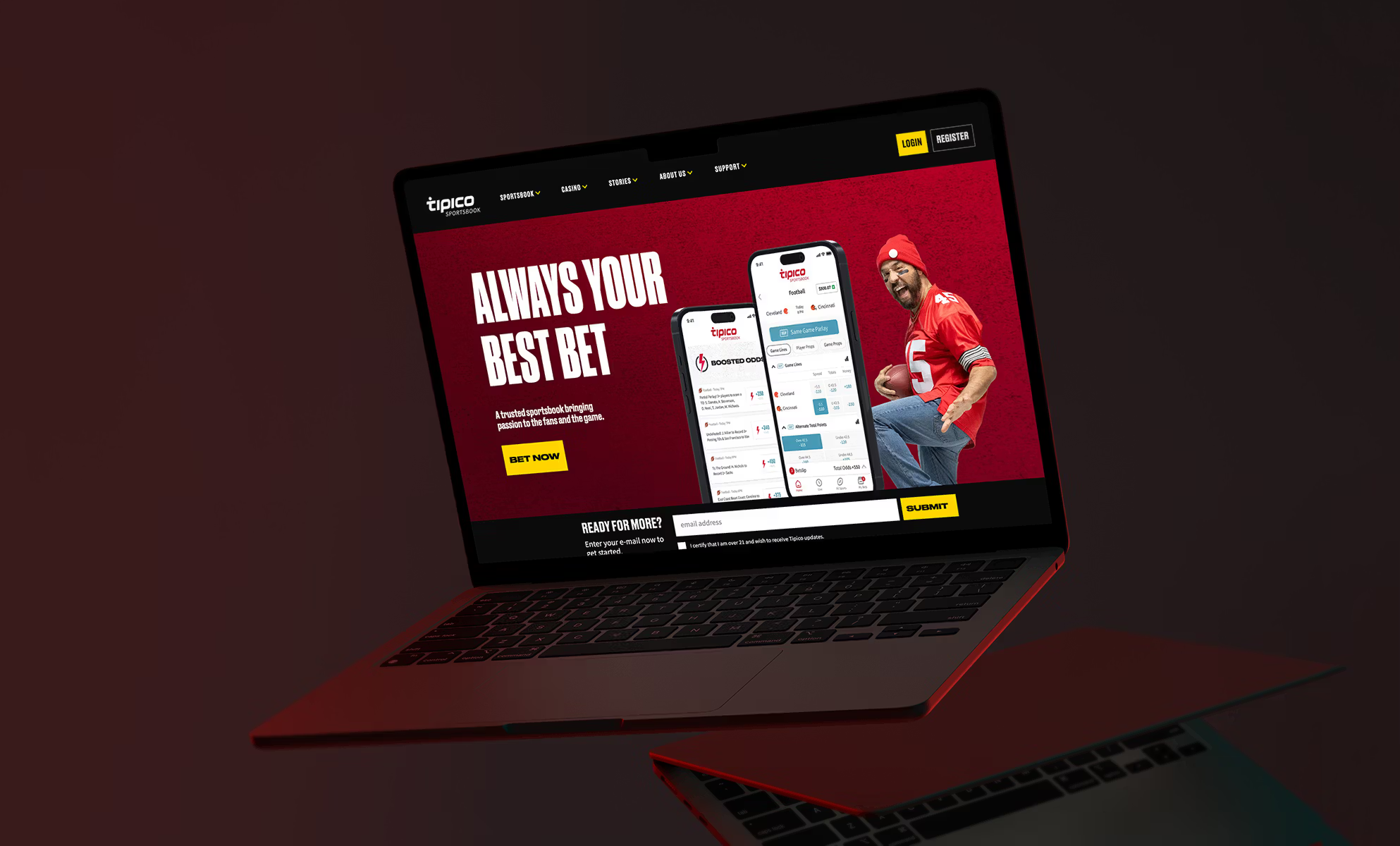 Laptop showing Tipico sports betting website with red theme
