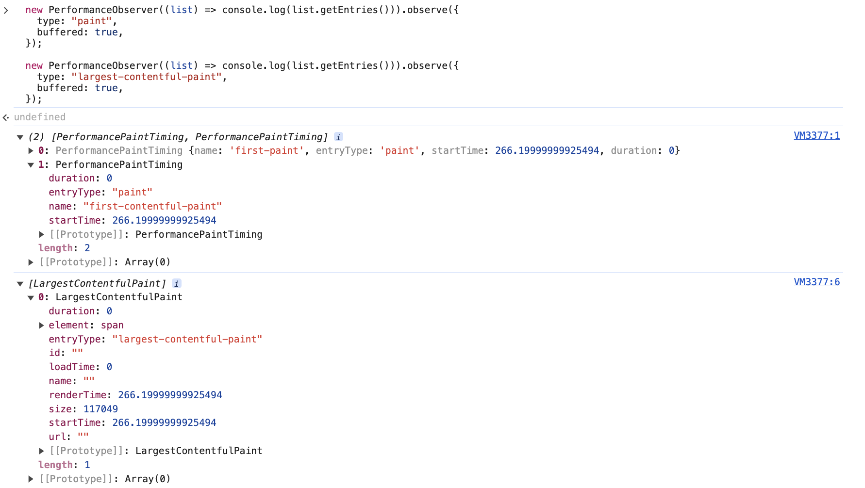 browser console output