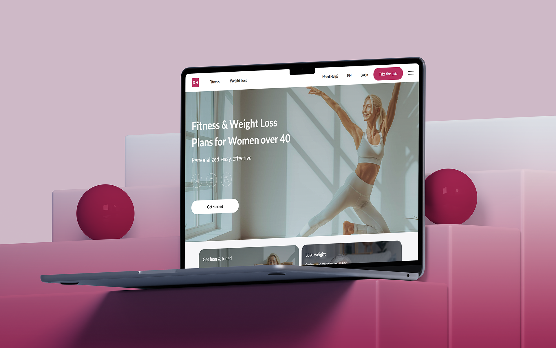 Laptop showing fitness and weight loss website for women over 40