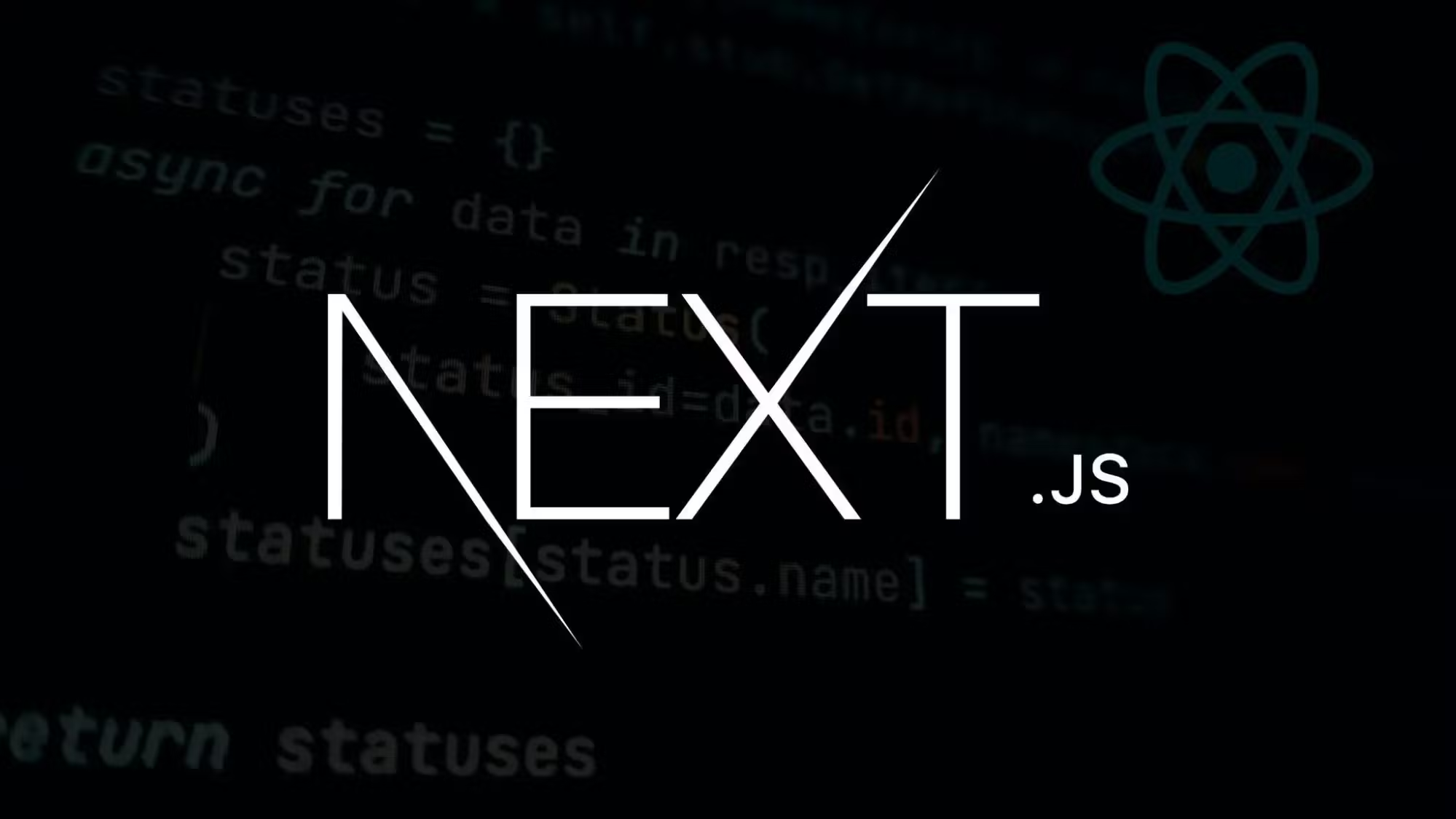 Next.js and React logos over dark code editor background