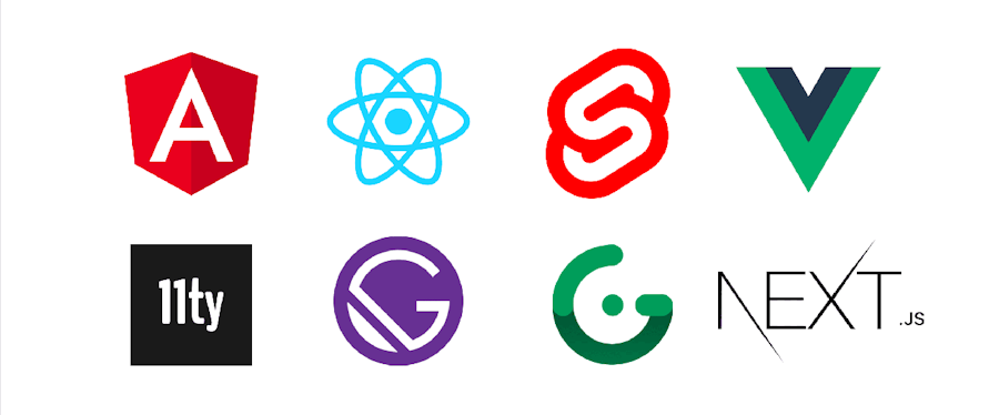 Framework logos: Angular, React, Svelte, Vue, Eleventy, Gatsby, GreenSock, Next.js