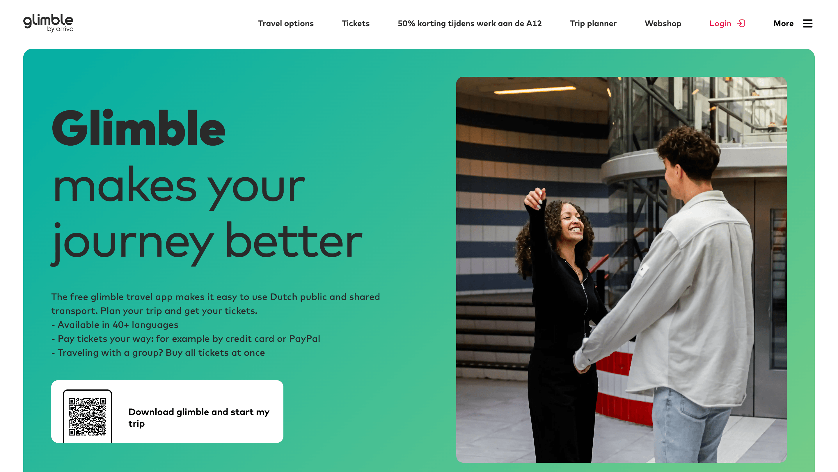 Glimble app homepage with slogan and a smiling couple holding hands in a modern transit station.