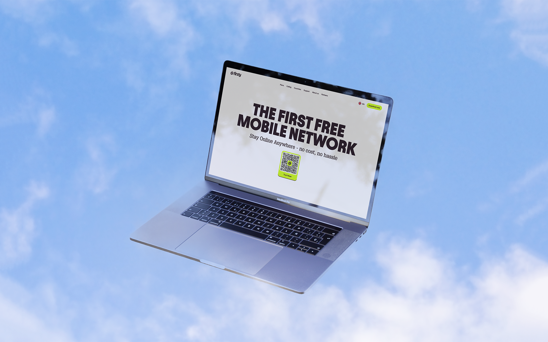 Laptop floating in clouds showing Firstly free mobile network website