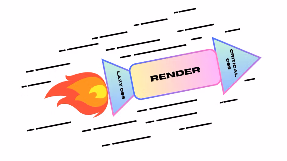 Rocket graphic labeled Lazy CSS, Render, and Critical CSS, symbolizing fast page rendering performance.