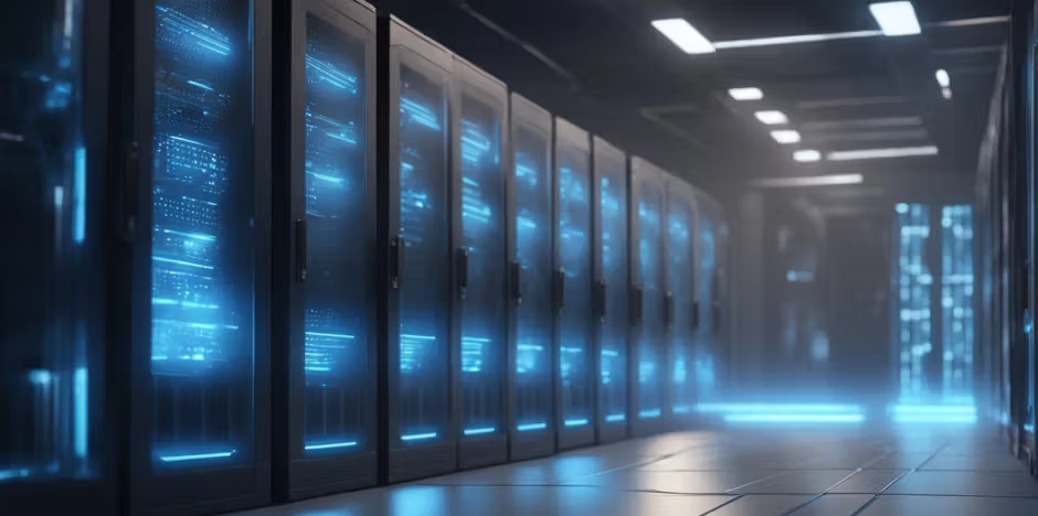 Server room corridor with blue-lit rack cabinets in dark data center