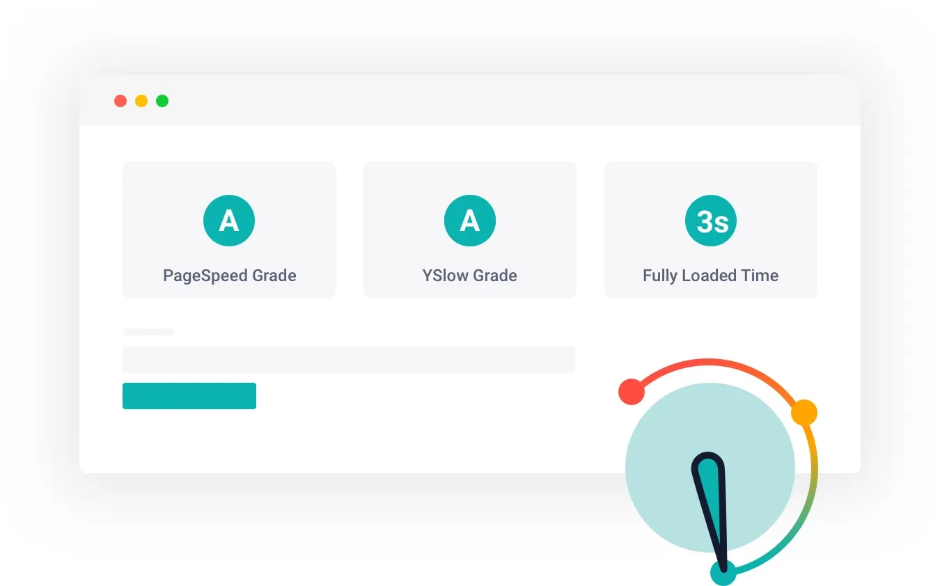 Performance dashboard showing PageSpeed grade A, YSlow grade A, 3s load time