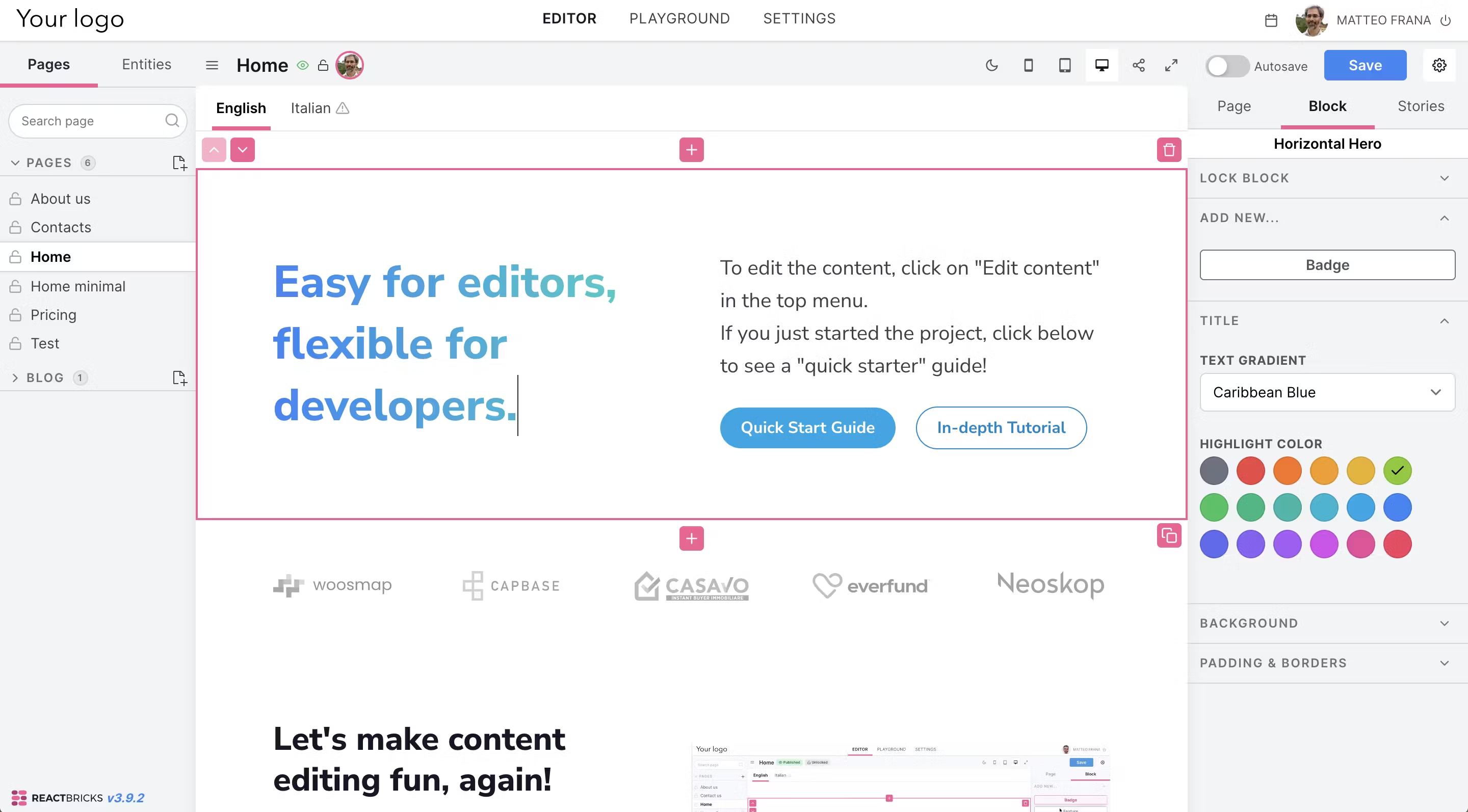 React Bricks interface