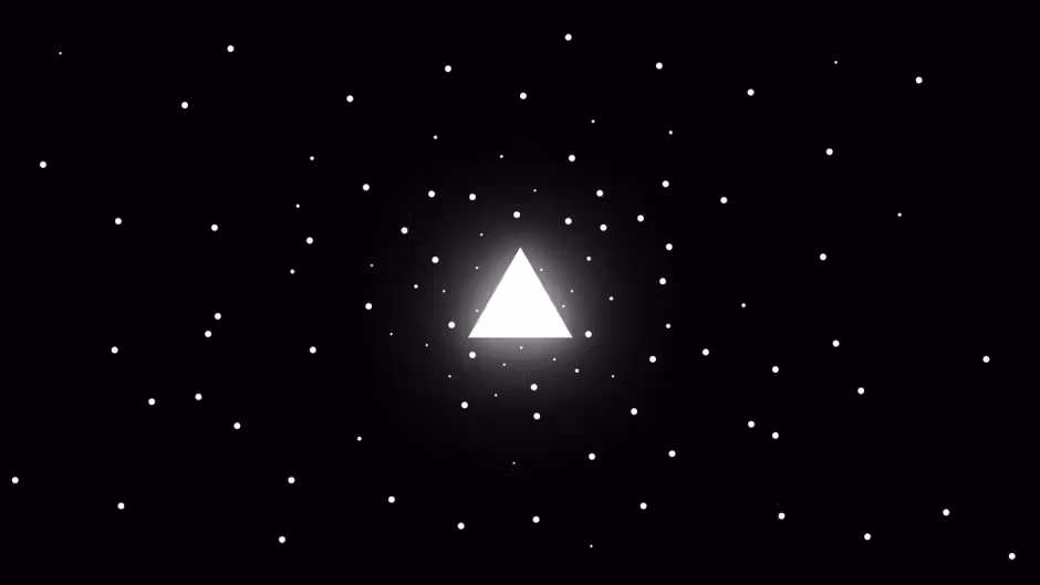 Glowing white triangle centered in a black space with scattered white dots like stars