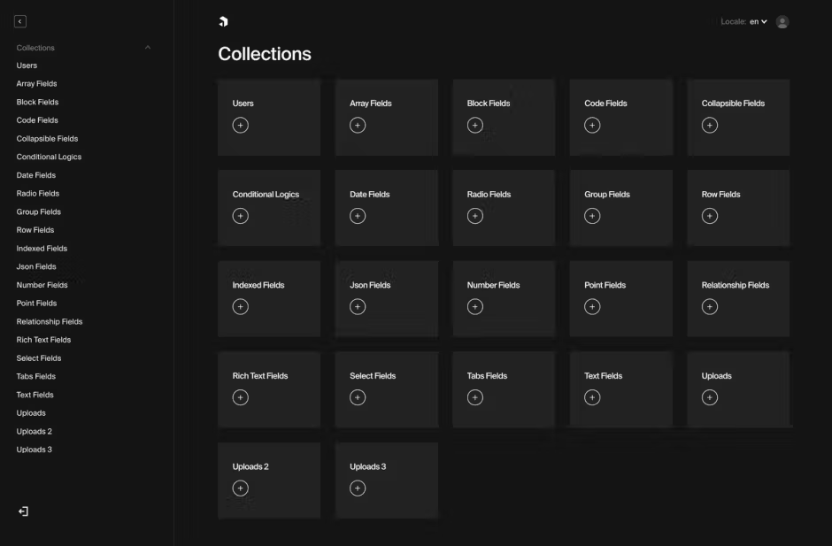 Payload CMS collections dashboard with dark theme showing field types grid