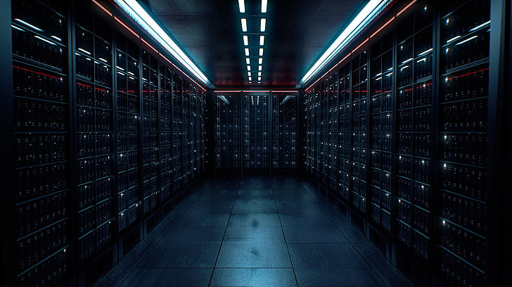Dark blue-lit data center aisle with illuminated server racks