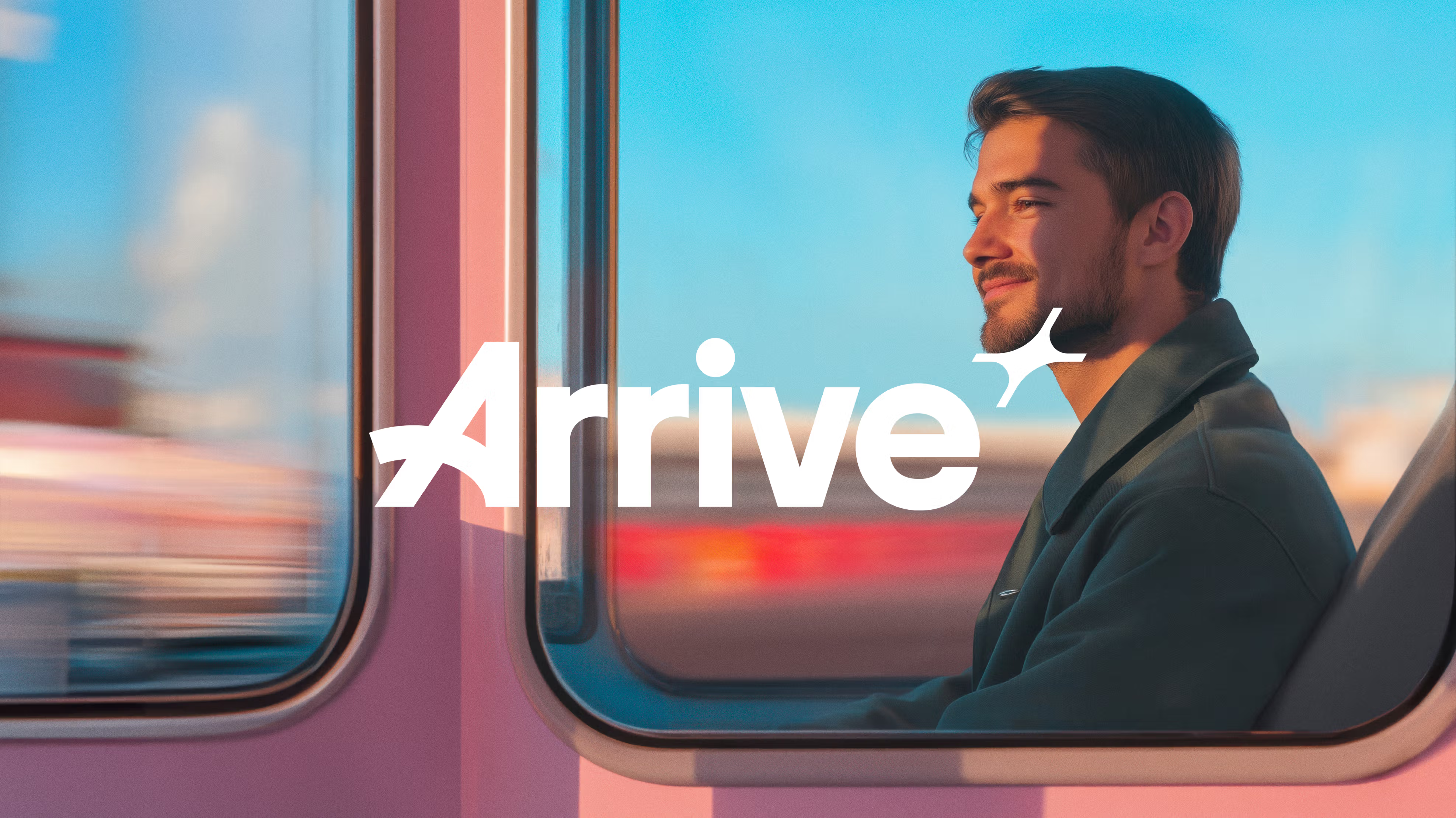 Arrive logo overlaid on man talking on phone in a train