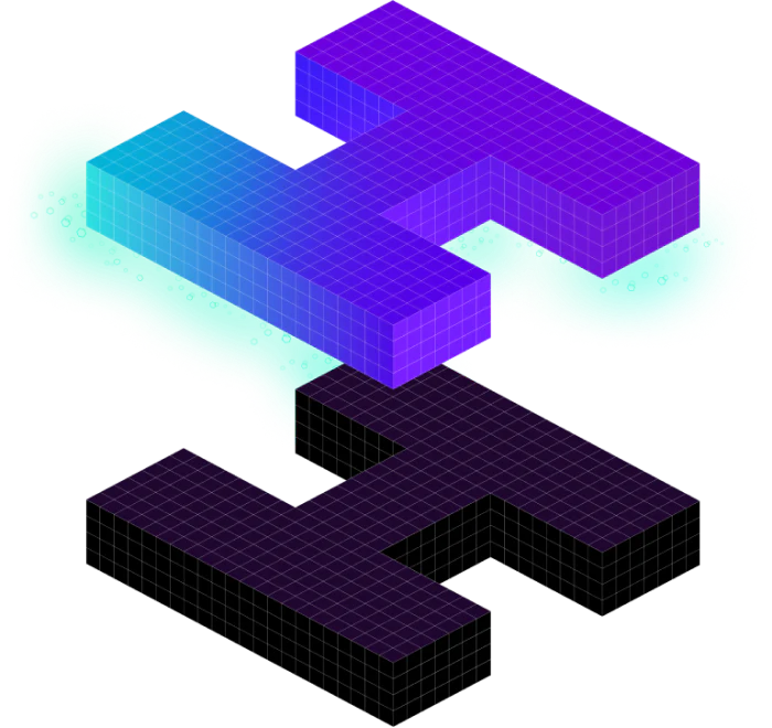 Purple isometric 3D pixel blocks forming an abstract shape