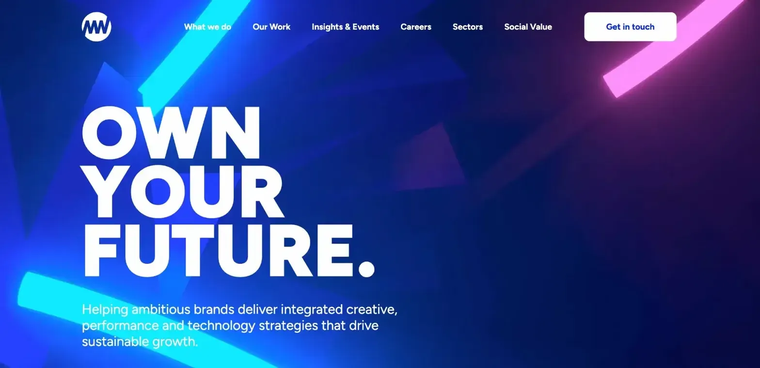 Website hero banner with bold text ‘OWN YOUR FUTURE’ over a blue and purple neon gradient background