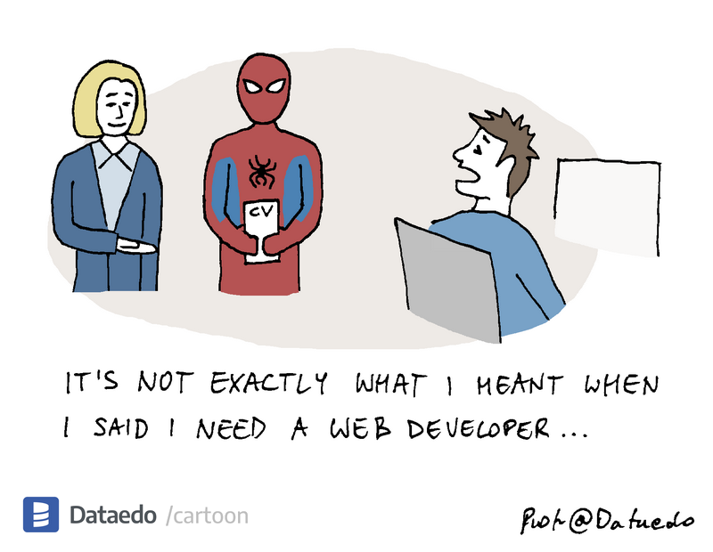 Cartoon showing a hiring manager and Spider-Man holding a CV while speaking to a man at a computer, with text reading "It's n